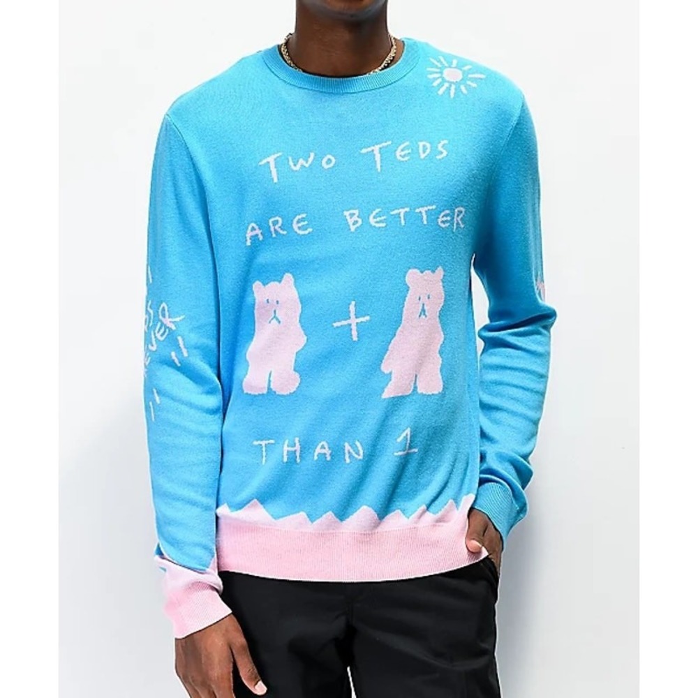 Teddy Fresh Sweater Mens Medium Blue Pink Two Teds‎ Are Better Than One Knit